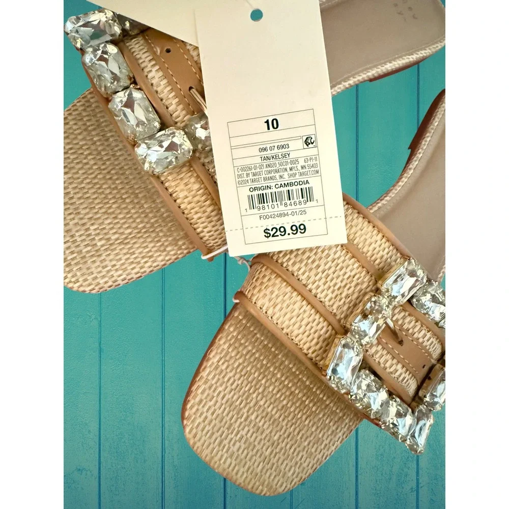 A New Day Tan Woven Rhinestone Buckle Slide Sandals 10 Square Toe - Picture 5 of 5